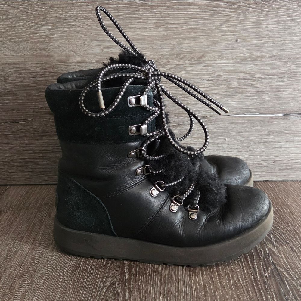 Ugg Viki  Sheepskin Waterproof Boots Women 6 Black Leather Shearling Vibram Sole